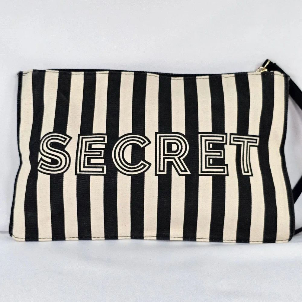Victorias Secret Black White Striped‎ Canvas Makeup Bag Wristlet Pouch Large